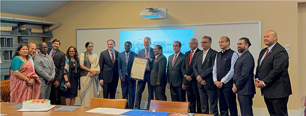 From L to R: Paramita Sen, BCC; Tarendra Lakhankar, CUNY CREST Institute, CCNY; Neal Phillip, BCC; Aditya Abhyankar, SPPU, India; Shakila Merchant, CUNY CREST Institute, CCNY; Ujwala Chakradeo, SNDTU, India; Dilip Chauhan, NYC Deputy Commissioner; President Thomas Isekenegbe, BCC; President Vincent Boudreau, CCNY; Honorable Randhir Jaiswal, Indian Consulate General, NY; Reza Khanbilvardi, CUNY CREST Institute, CCNY; VC Karbhari Kale, DBATU and SPPU, India; VC Ashish Paturkar, MAFSU, India; Deputy CGI Varun Jeph, NY; Yachneet Pushkarna,