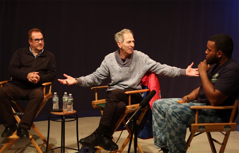 (left to right)Prof. Jeffrey Wisotsky, Joel Weiss and MEDP Major Joshua Quinlon. Screen Actors Guild Actor Joel Weiss discusses how MEDP 36 Thesis film majors can work with both union and non-actors while producing their BCC film projects.