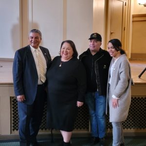 Fernando Radhames Rodriguez, president of United Bodegas of America, talks with BCC Interim President Milton Santiago, Ed.D., Council Member Pierina Sanchez, and Rossana Rosado, Commissioner of NY State, Division of Criminal Justice Services at the State of the State Address