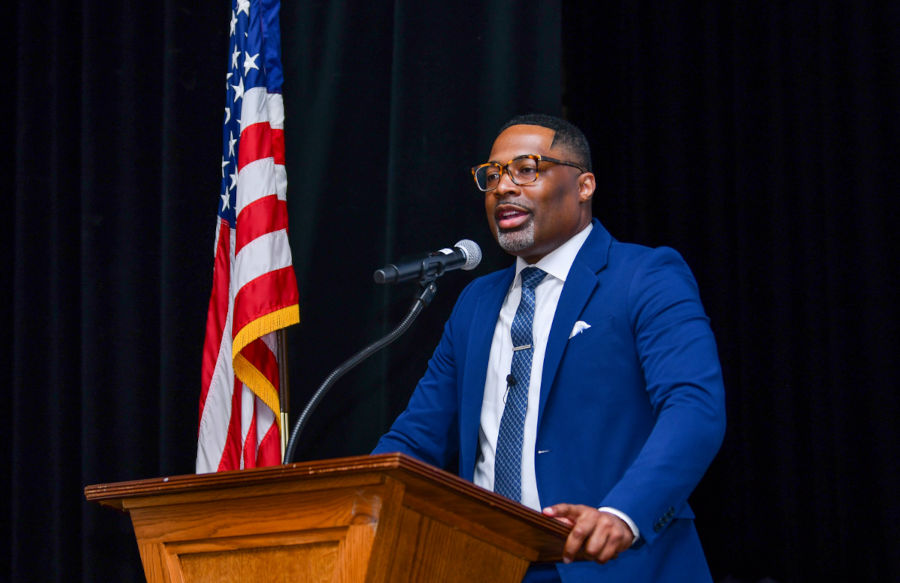 Bronx Community College President Dr. Larry D. Johnson delivers his first remarks in Town Hall.