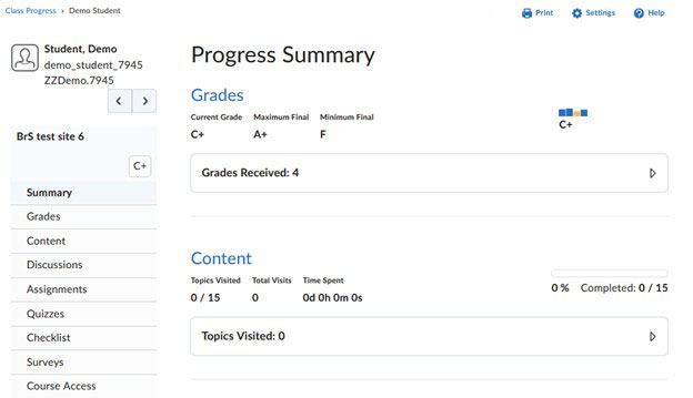 BrightSpace: Class Progress Summary