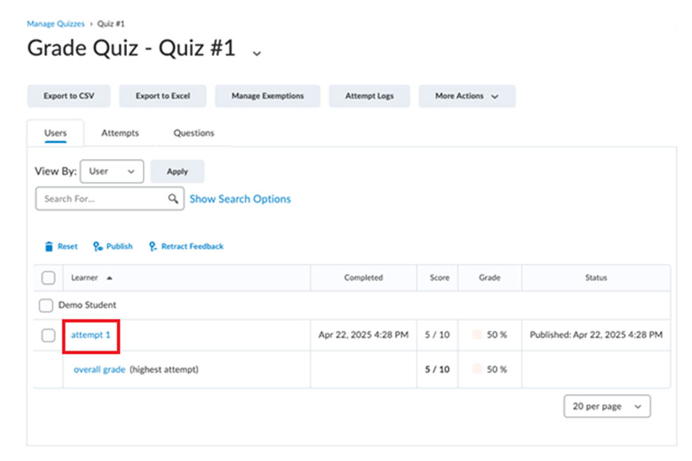 BrightSpace: List Of Quiz Attempts