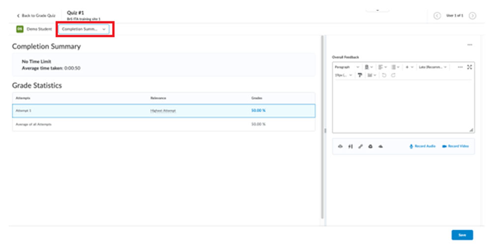 BrightSpace: Quiz Completion Summary