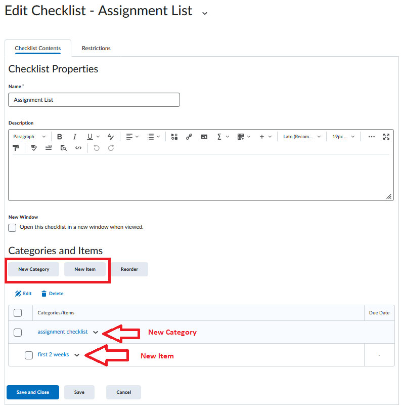 BrightSpace Checklist New Item And Category