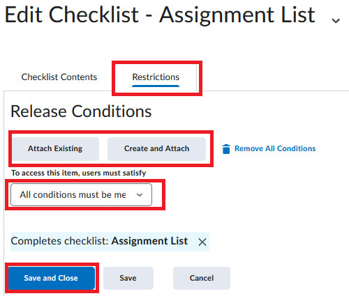 BrightSpace Checklist Restricions Release Conditions