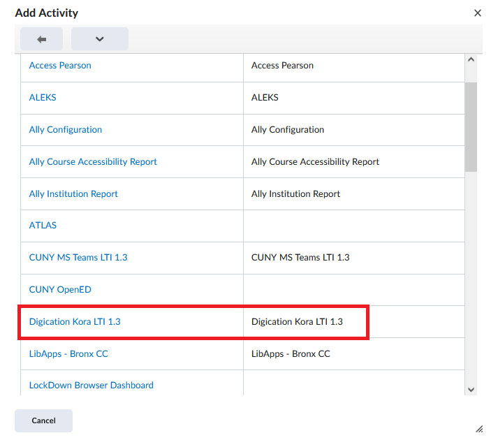 BrightSpace External Tool Type Select