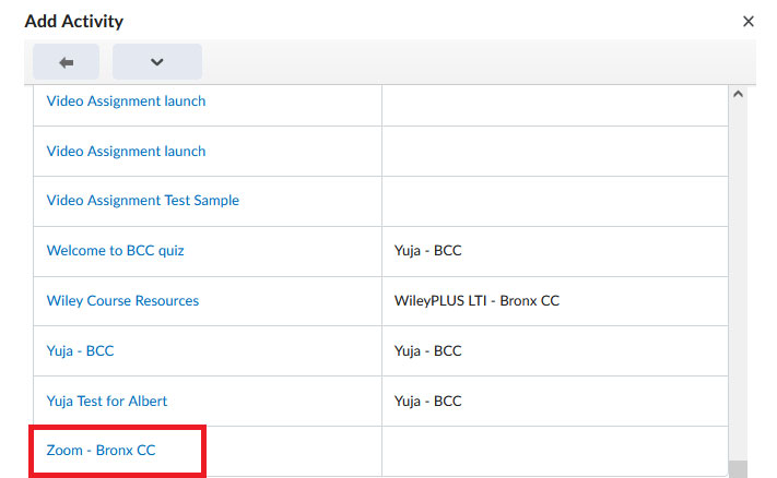 BrightSpace Zoom External Tool Select