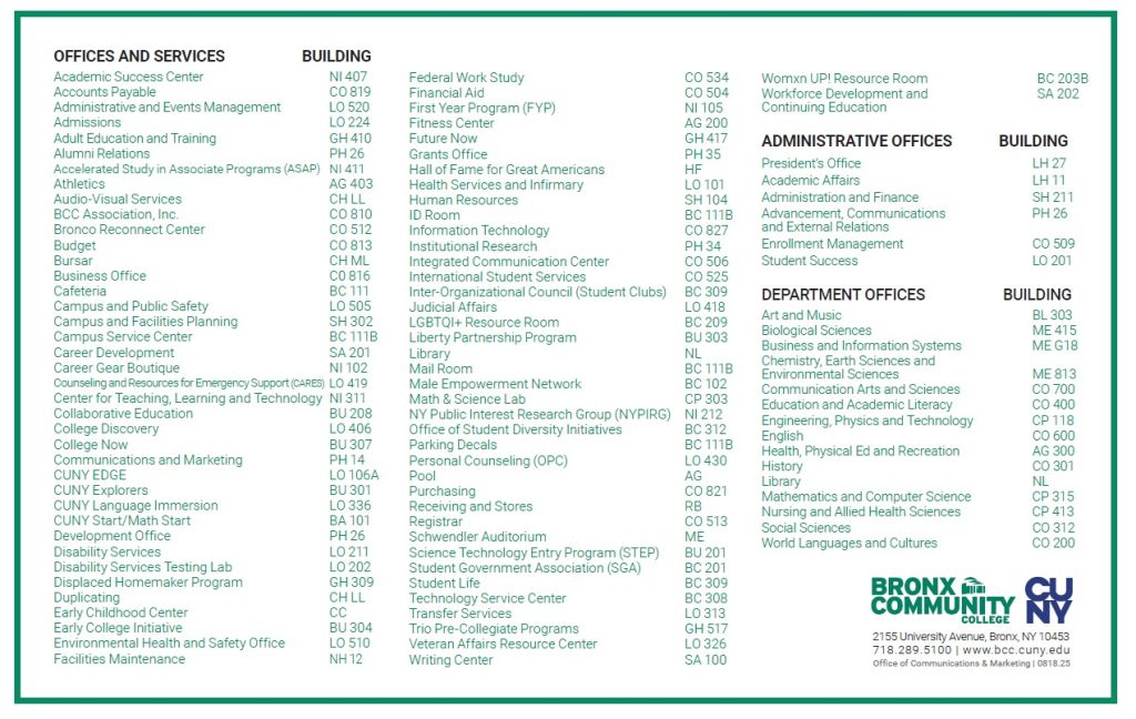 Bronx Community College Campus Map directory. Updated in 2025.