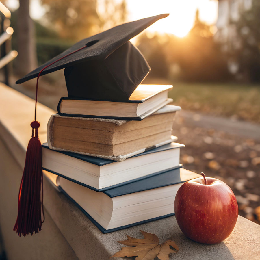 Stack of books with graduation cap and apple