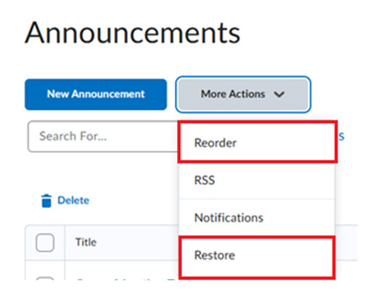 Brightspace Announcements - More Actions menu
