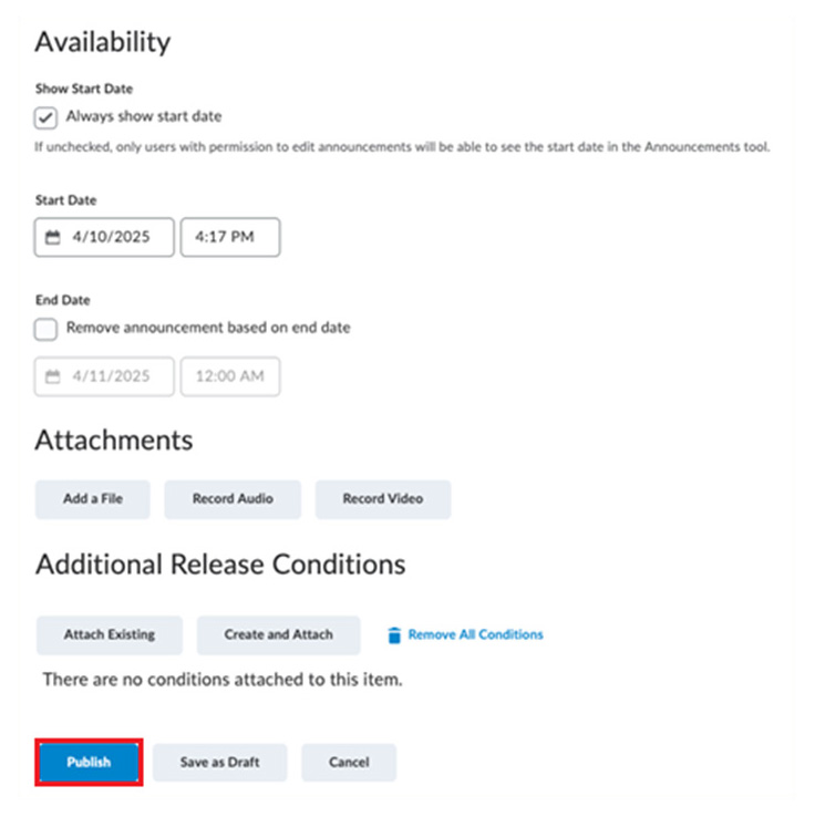 BrightSpace - Publish Announcement