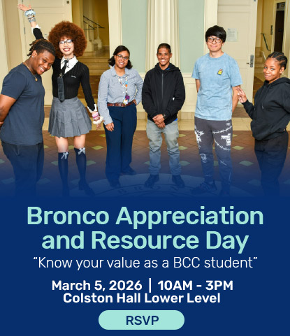 Mobile Banner image for Bronco Appreciation and Resource Day, with a photo of five students in the lobby of the North Hall and Library.