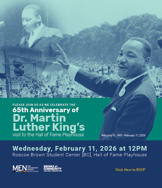 Mobile banner for 65th Anniversary of MLK visit to Hall of Fame Playhouse banner. Image of MLK speaking