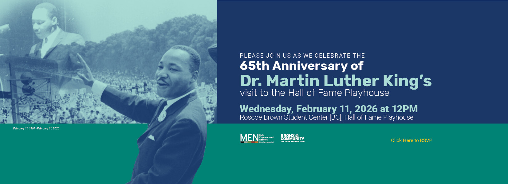 65th Anniversary of MLK visit to Hall of Fame Playhouse banner. Image of MLK speaking