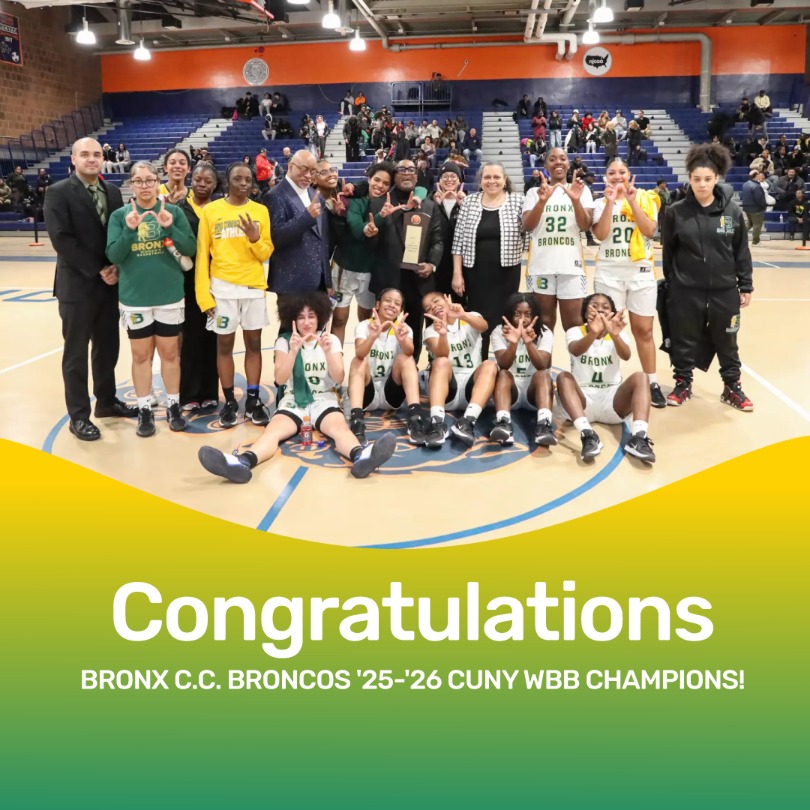 Bronx Community College Women’s Basketball team after capturing the CUNY Community College division championship. Team group photo in the gymnasium.
