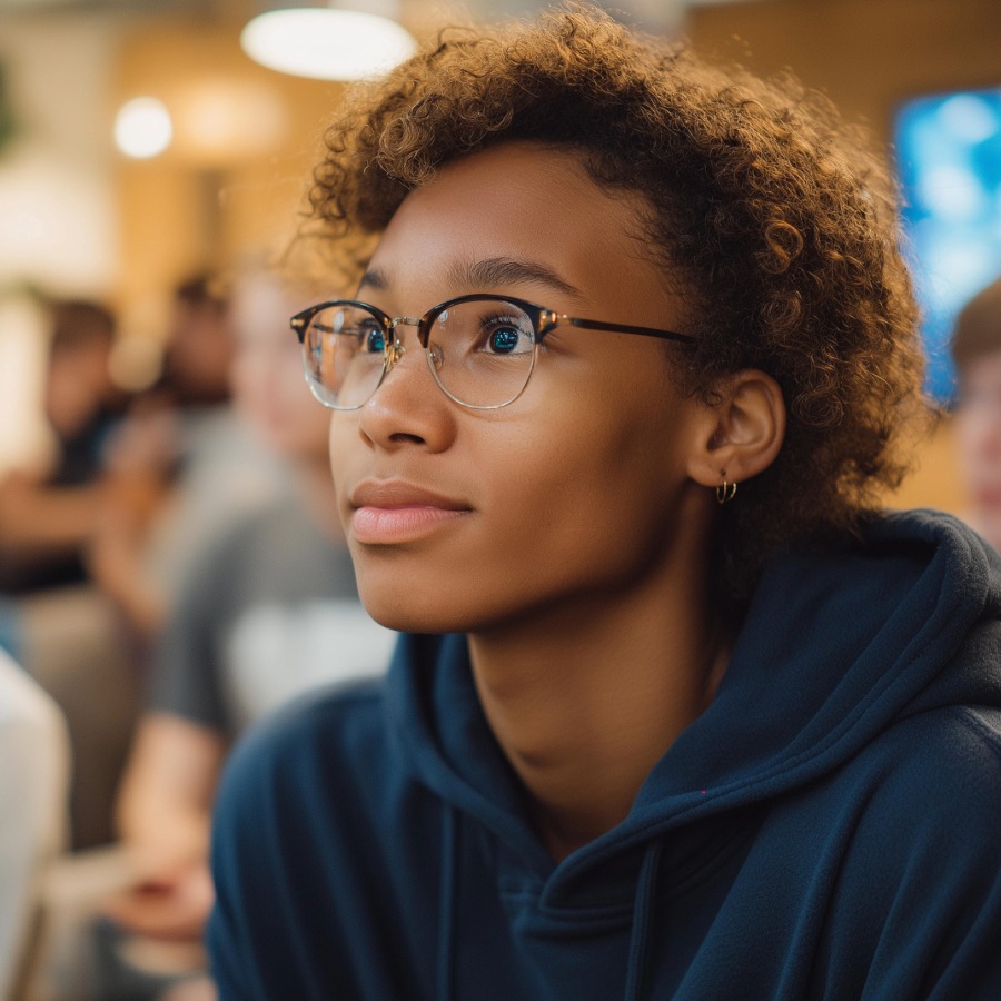 Image of a female student looking intensely forward