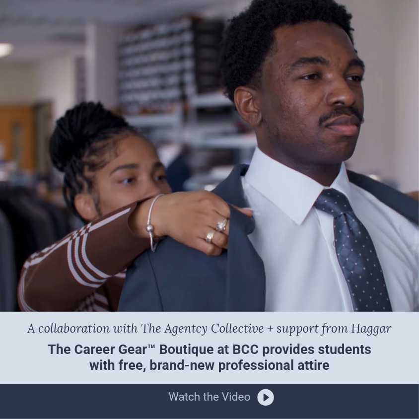 BCC student getting fitted for a jacket in the Career Gear Boutique at BCC