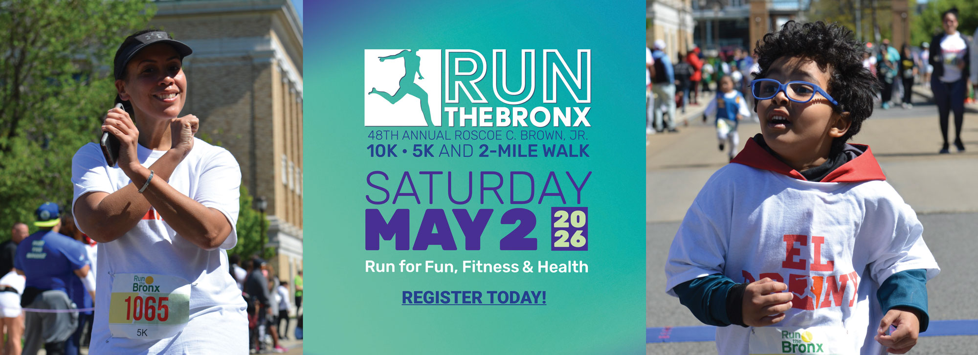 Run the Bronx artwork for Saturday, May 2, 2026. Logo of a person running on a white background.