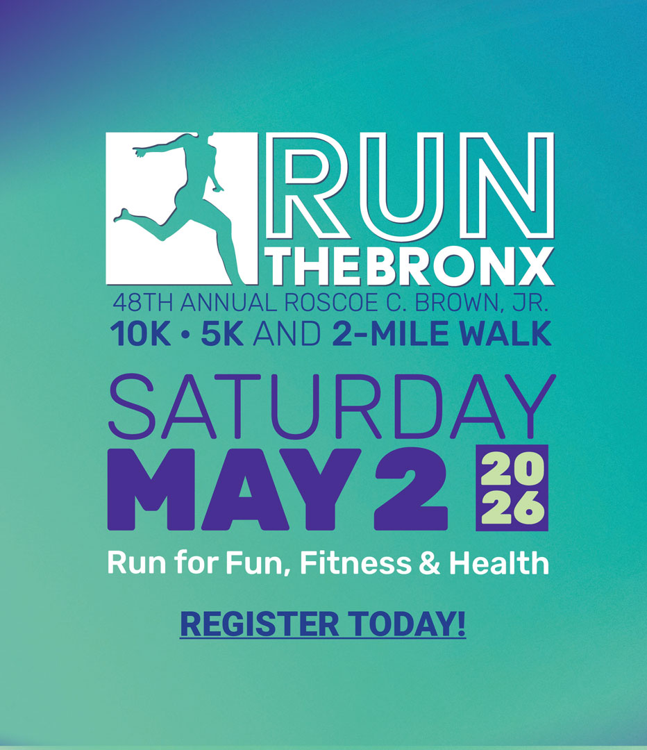 Run the Bronx artwork for Saturday, May 2, 2026. Logo of a person running on a white background.