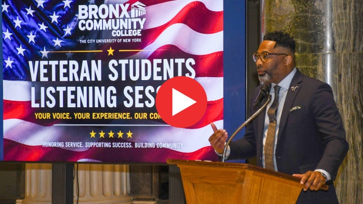 President Larry D. Johnson speaking at the Veteran Students Listening Session. Poster image for slideshow with play button.