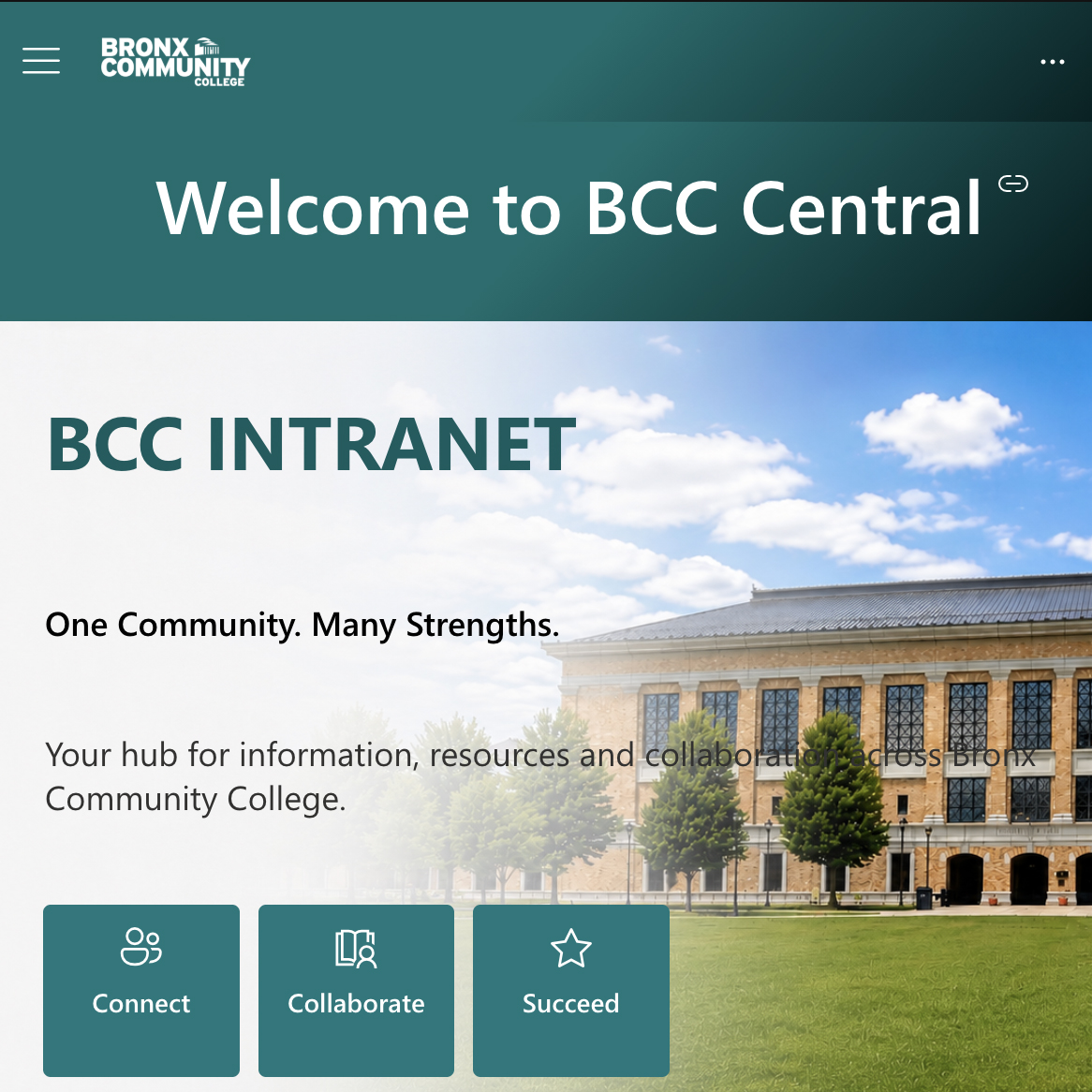 Screenshot of the BCC Central intranet homepage featuring a campus photo, the tagline “One Community. Many Strengths.” and links to Connect, Collaborate and Succeed.